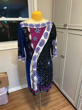 Donna Morgan Multicolor Floral & Geometric Midi Dress in Blue, Black & Purple